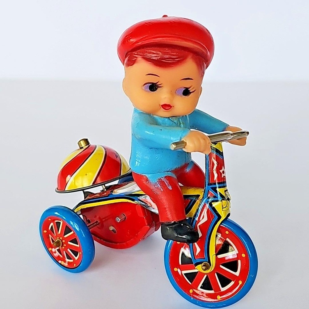 Vintage Wind Up Tin Litho Boy on Tricycle with Bell Mechanical Toy Retro Display